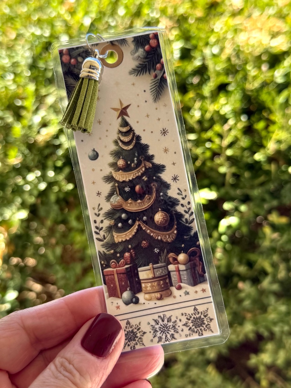 Hand Crafted double-sided Christmas laminated bookmark with faux leather tassel